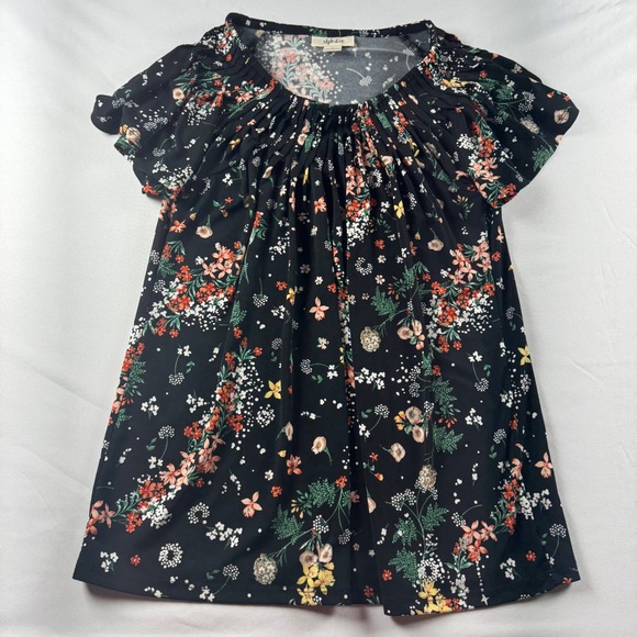 Style & Co Tops - Style & Co Womens Small Black Floral Pleated Neck Short Sleeve Blouse Top